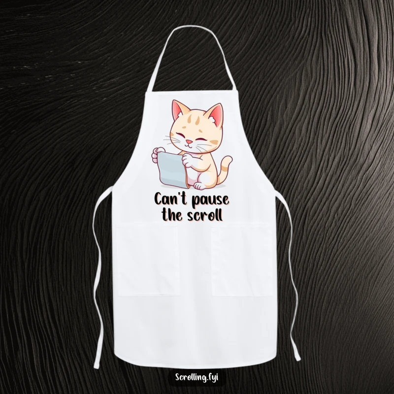 Funny cat apron, paw out, scrolling motion, bringing tech humor to the kitchen.