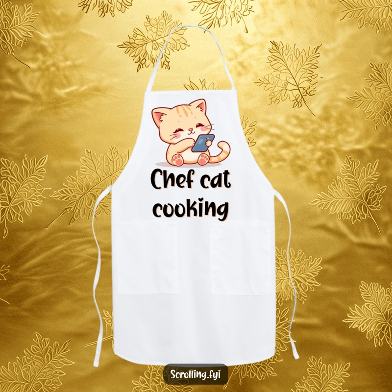 Funny apron featuring a cute cat character holding a smartphone and swiping down the screen, combining kitchen protection and tech humor.