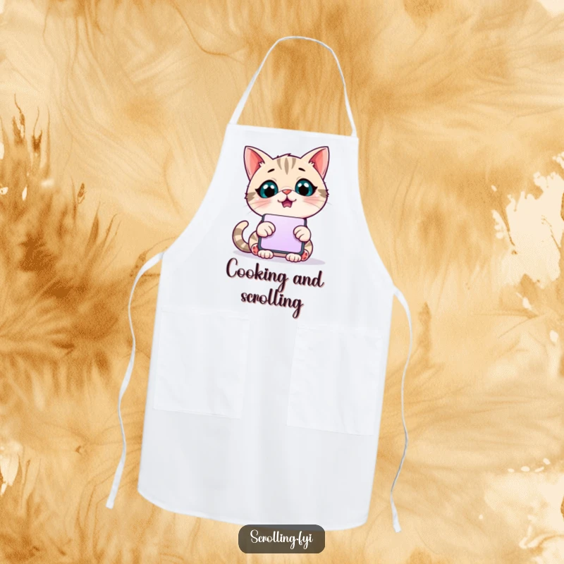 Funny apron showcasing a giggling cat engrossed in a giant scrolling phone, perfect for kitchen duty.