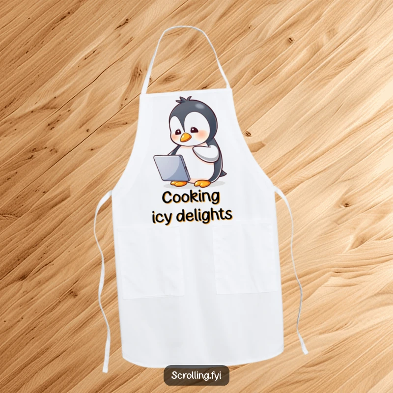 Funny apron with a gleeful penguin watching a tablet in the kitchen, depicting a humorous and engaged cook.