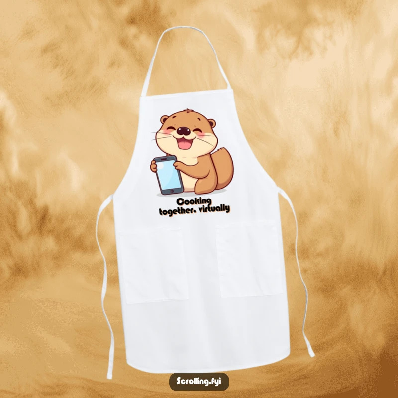 Funny apron showing cheerful otters excitedly sharing a mobile screen, ideal for a fun kitchen.