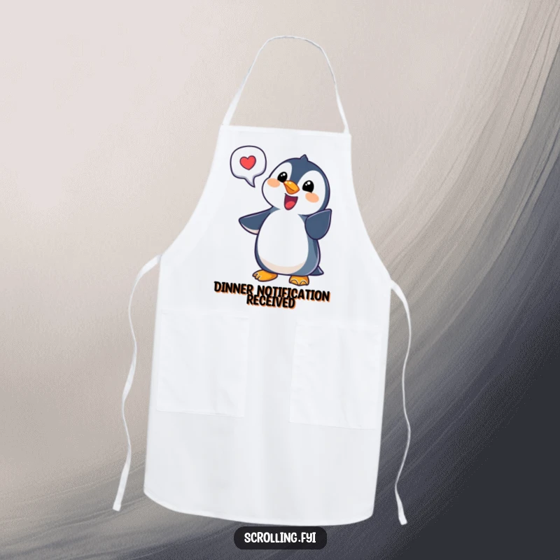 Funny penguin notification apron showing a delighted penguin pointing at a bubble, ideal for techy chefs and as a funny gift.