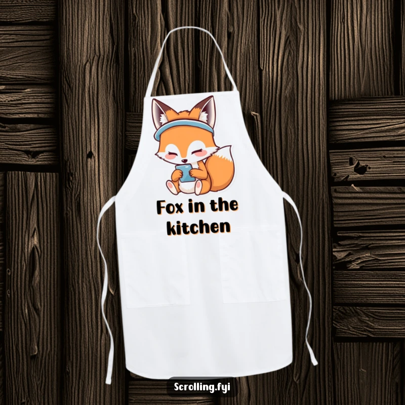 Funny apron showing a happy fox smiling while using its phone, ideal for a cheerful kitchen.