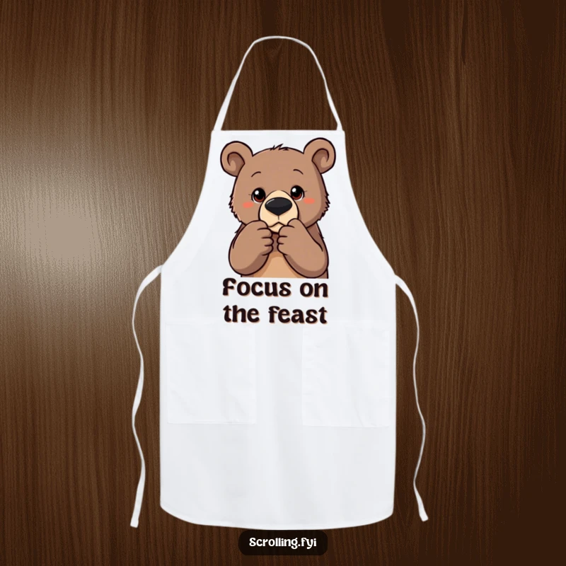 Funny apron featuring a determined bear zooming into a photo while cooking, a humorous and practical item for food enthusiasts.