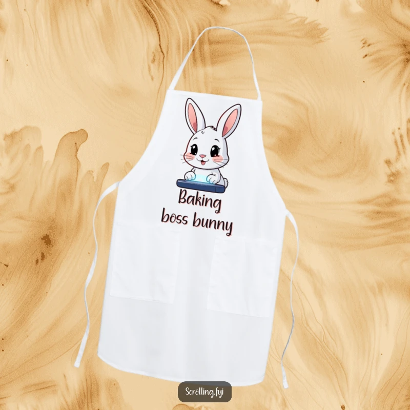 Funny apron featuring a happy bunny character with wide eyes, staring intently at a glowing screen, combining kitchen protection and digital humor.