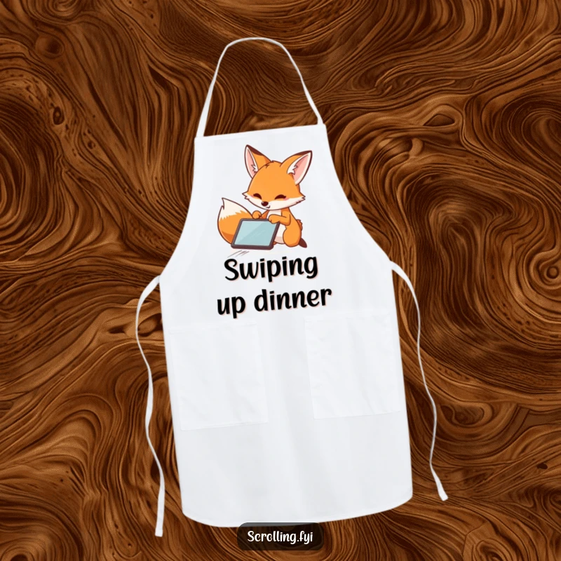 Funny Fox Apron: Durable apron depicting a playful fox swiftly swiping across a tablet, perfect for the speedy creator.
