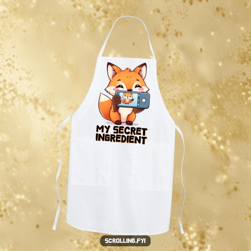 Funny Fox Apron with a smiling fox holding a phone, capturing a moment, a fun accessory for culinary artists.