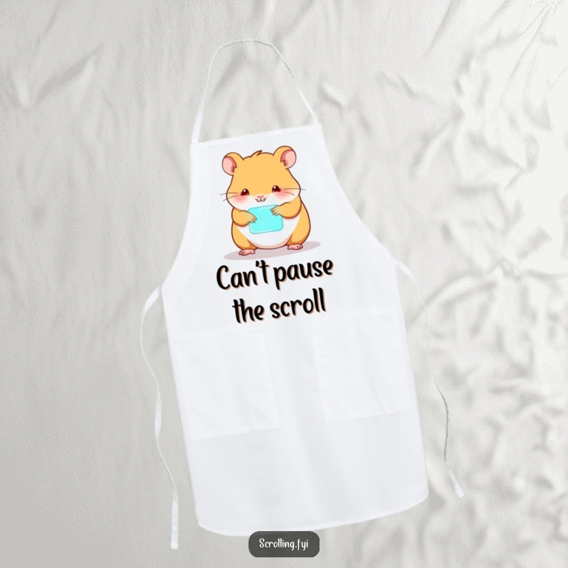 Funny hamster apron, tapping on a glowing gadget, bringing tech humor to cooking.