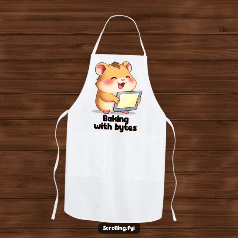 Funny apron showing a giggling hamster holding a tablet, its face lit by the screen, perfect for kitchen tech enthusiasts.