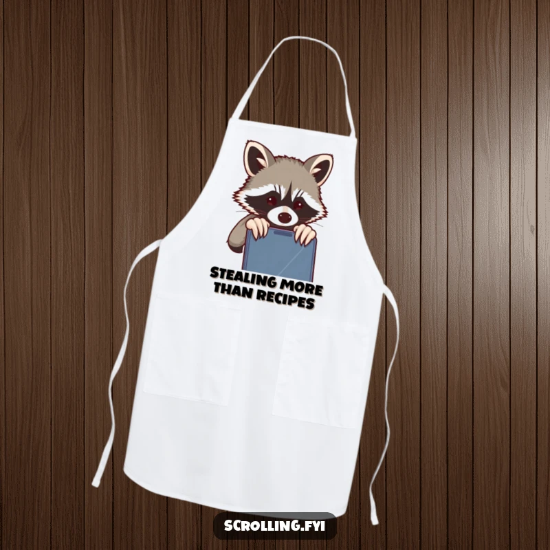 Funny Raccoon Apron: A mischievous raccoon peeking over a shoulder at a phone screen while cooking, adding humor, gift.