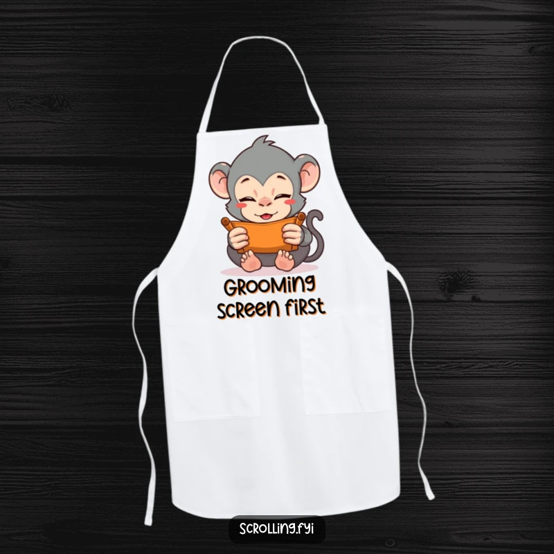 Funny apron featuring a monkey vigorously scrolling with both hands, perhaps checking recipes or social media. Ideal for creative cooking.