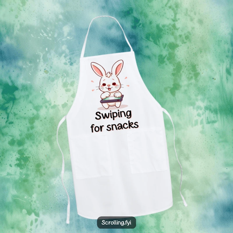 Funny chef apron with a determined rabbit character swiping on a tablet, a practical funny gift.