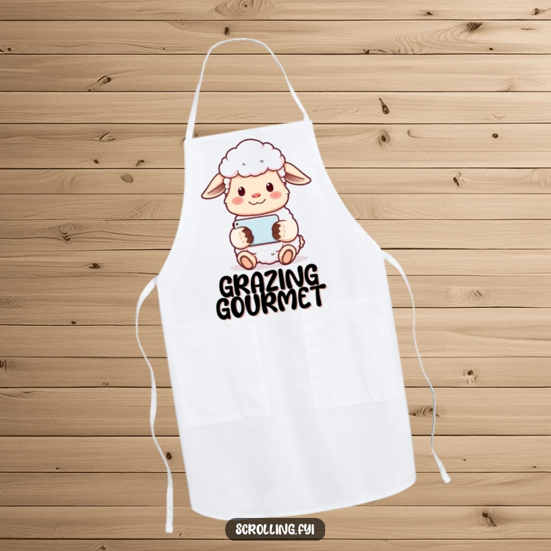 Funny sheep apron showing a content sheep holding a phone horizontally, watching something with a serene expression.