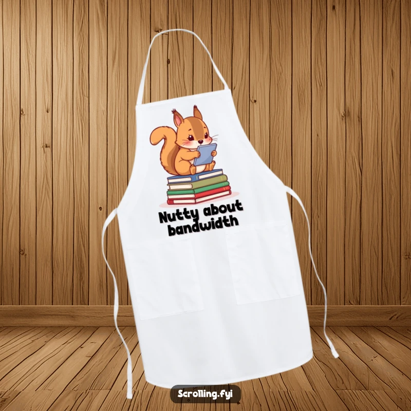 Funny squirrel on books, engrossed in a screen, a humorous apron for cooking and tech lovers.