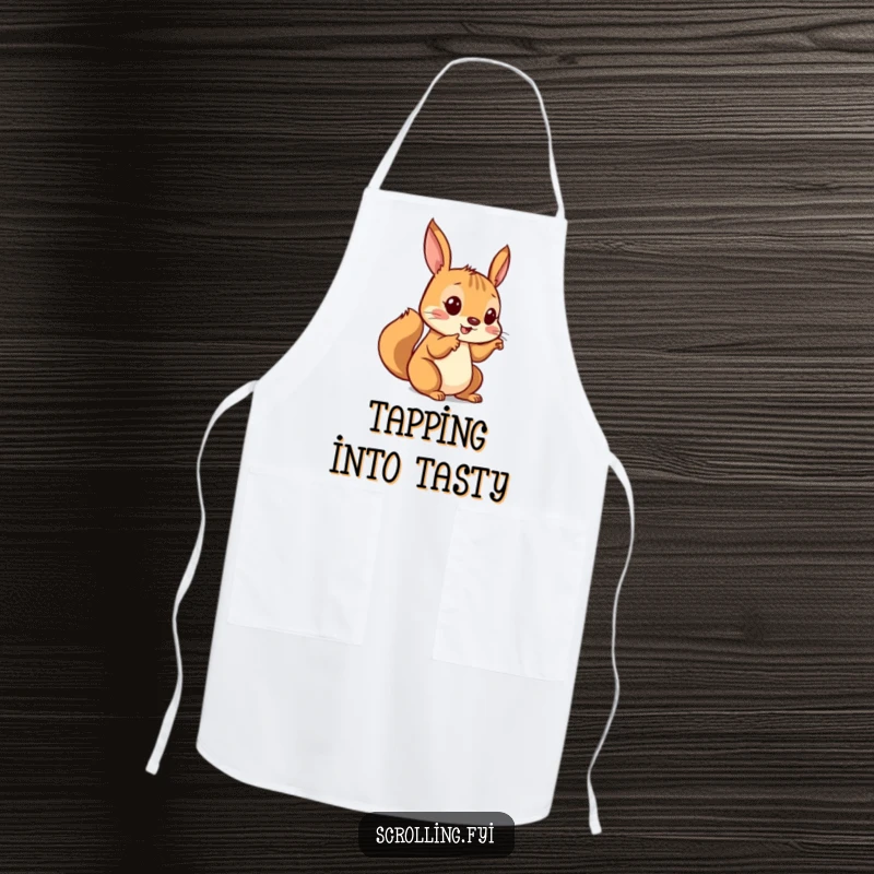 Funny apron featuring a playful squirrel tapping a screen, a humorous and practical item for cooking enthusiasts with a tech streak.