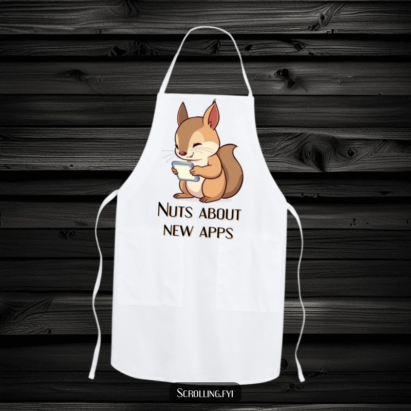 Funny Squirrel Apron showing a curious squirrel engrossed in its handheld device, a humorous kitchen accessory for tech lovers.