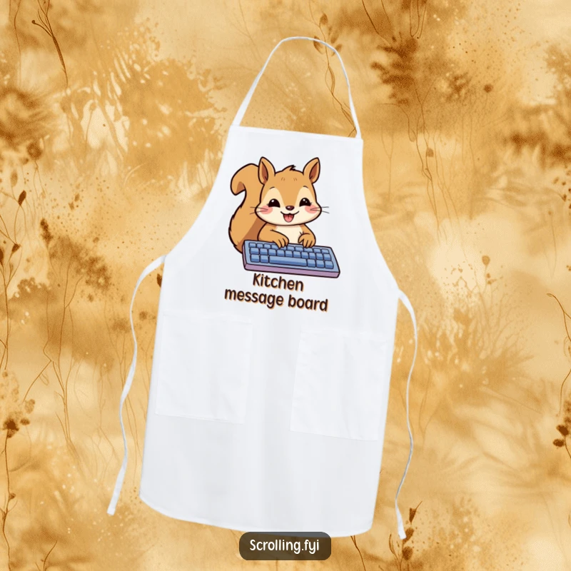Funny Squirrel Apron featuring a smiling squirrel happily typing a message on a keyboard, great for protection.
