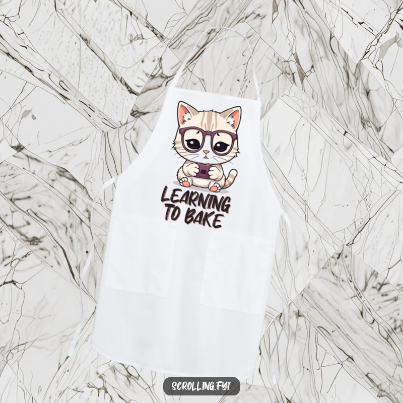 Funny chef apron with a playful cat wearing glasses focused on a tiny device, a clever funny gift.
