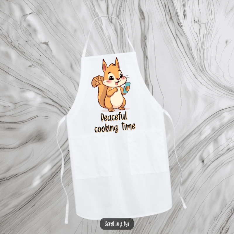 Funny silly squirrel giving a peace sign while looking at a phone on a protective and humorous apron.