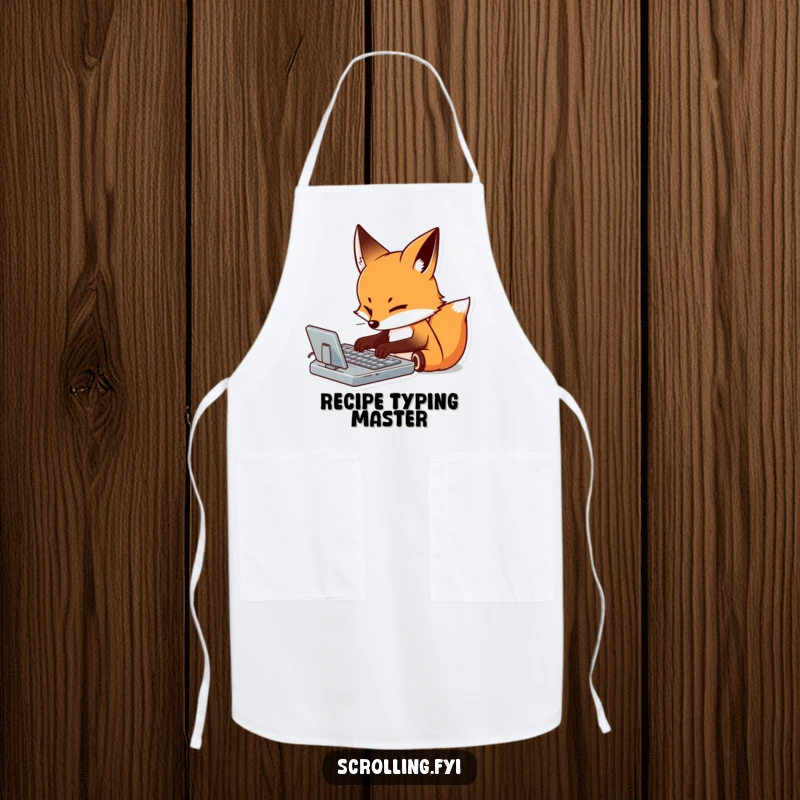 Funny apron showing a determined fox meticulously typing on a virtual keyboard with focus, perfect for home office warriors.