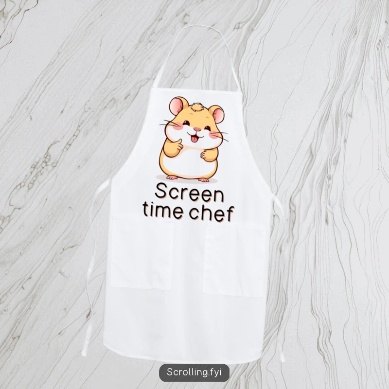 Funny Hamster Apron: Durable apron depicting a happy hamster engrossed in scrolling a bright device, perfect for kitchen or crafting.