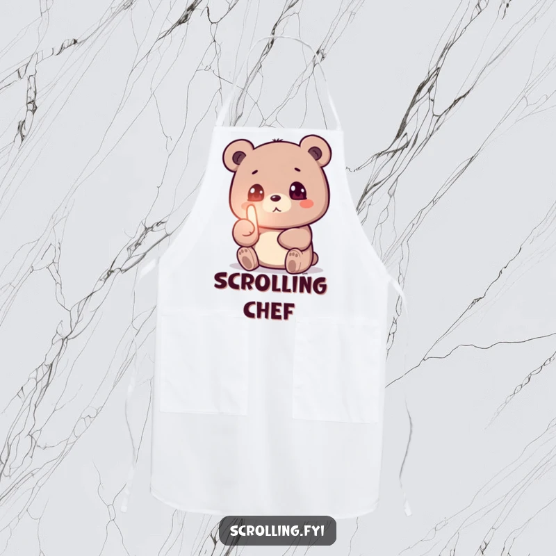 Funny apron featuring a small bear intensely focused on a glowing screen while cooking, thumb swiping, a humorous kitchen accessory.