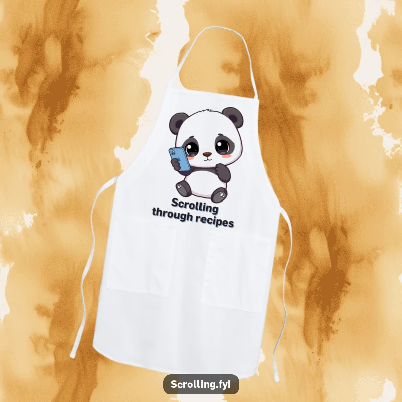 Funny apron featuring a cute panda holding a smartphone, eyes glued to the screen, perfect for kitchen tasks and phone scrolling.
