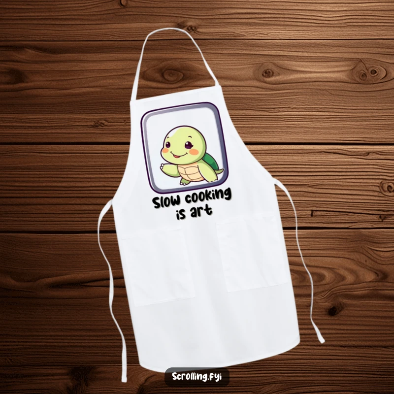 Funny Turtle Swiping Display Apron: A kitchen apron featuring a smiling turtle slowly swiping a digital display, perfect for chefs who enjoy a leisurely pace.