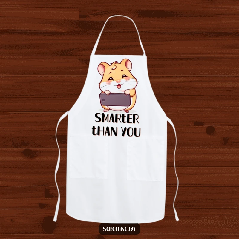Funny Giggling Hamster Apron: A humorous kitchen apron featuring a hamster absorbed in a smartphone, perfect for chefs who love to laugh.