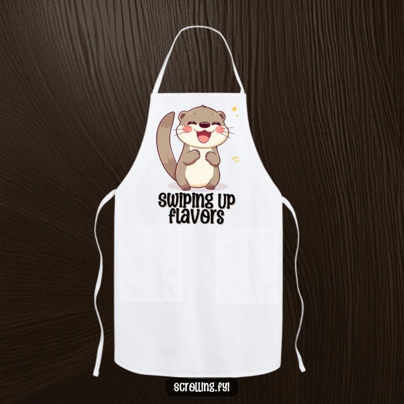 Funny apron featuring a joyful otter swiping across a virtual interface, perfect for tech enthusiasts in the kitchen.