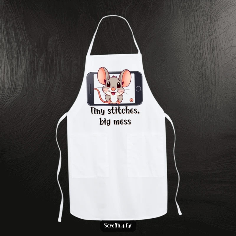 Funny playful mouse closely zooming in on a smartphone screen while cooking. Great funny apron.