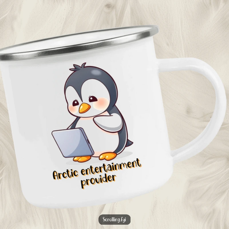 Funny camping mug with a gleeful penguin watching a tablet, conveying a humorous and adventurous spirit.