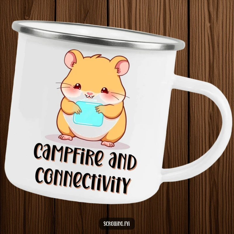 Funny hamster camping mug, happily tapping a glowing device, blending outdoor life with tech.
