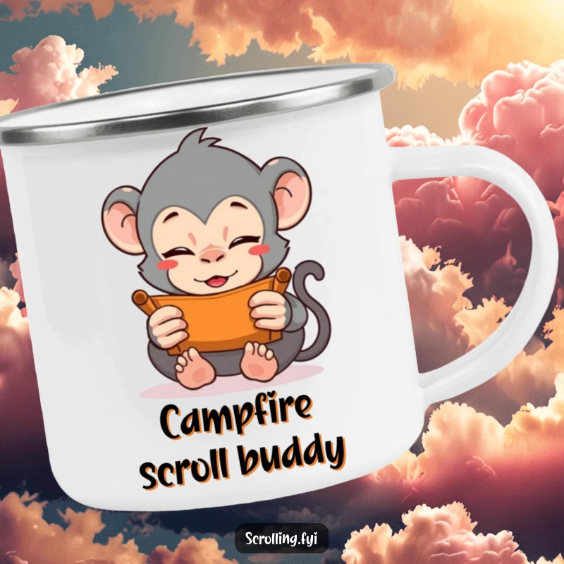 Funny camping mug showing a monkey vigorously scrolling with both hands. Durable and humorous for outdoor tech enthusiasts.
