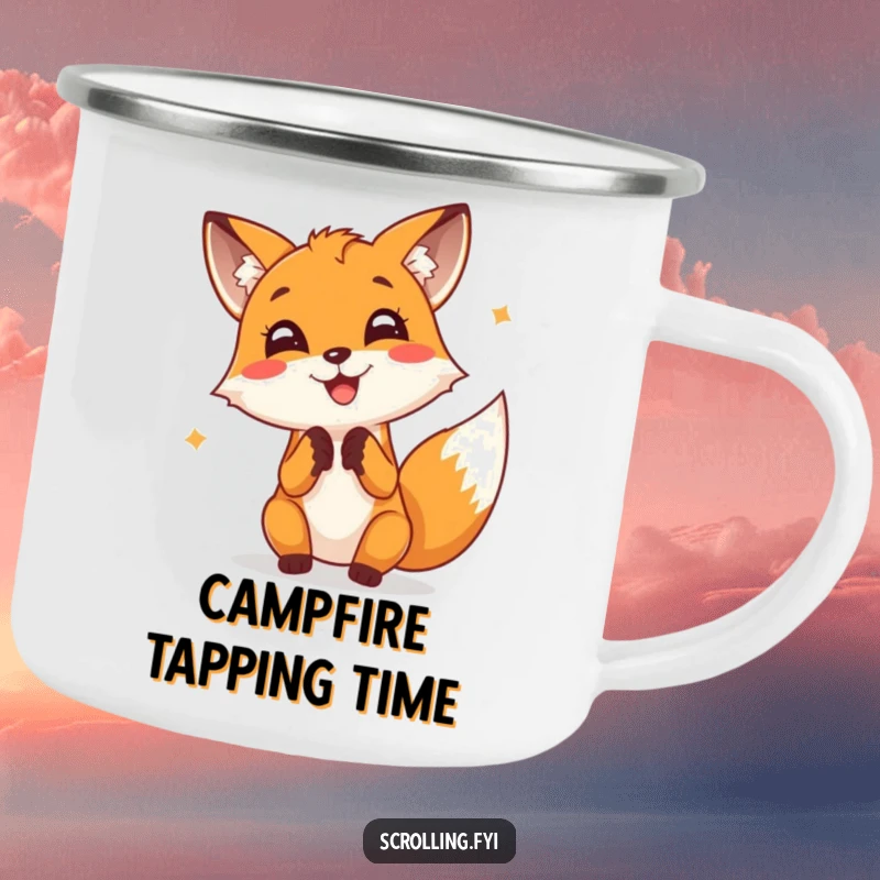 Funny Fox Camping Mug: A cheerful fox taps furiously on a screen, ideal for outdoor typing sessions.