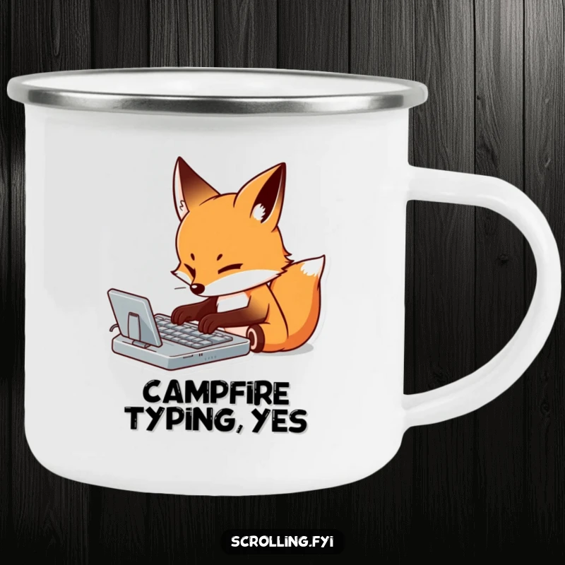 Funny camping mug with a determined fox meticulously typing on a virtual keyboard with focus, perfect for outdoor workers.