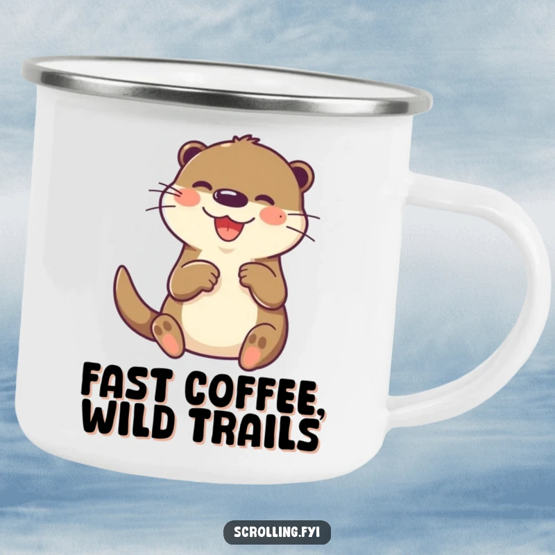 Funny otter camping mug, joyfully and rapidly tapping on a small screen with its paw, ideal for tech-loving campers.