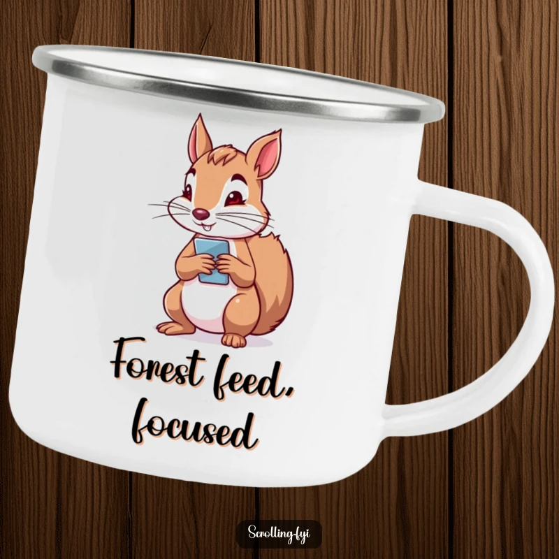 Funny camping mug with a determined squirrel holding a phone vertically, scrolling with intense focus, perfect for outdoor tech users.