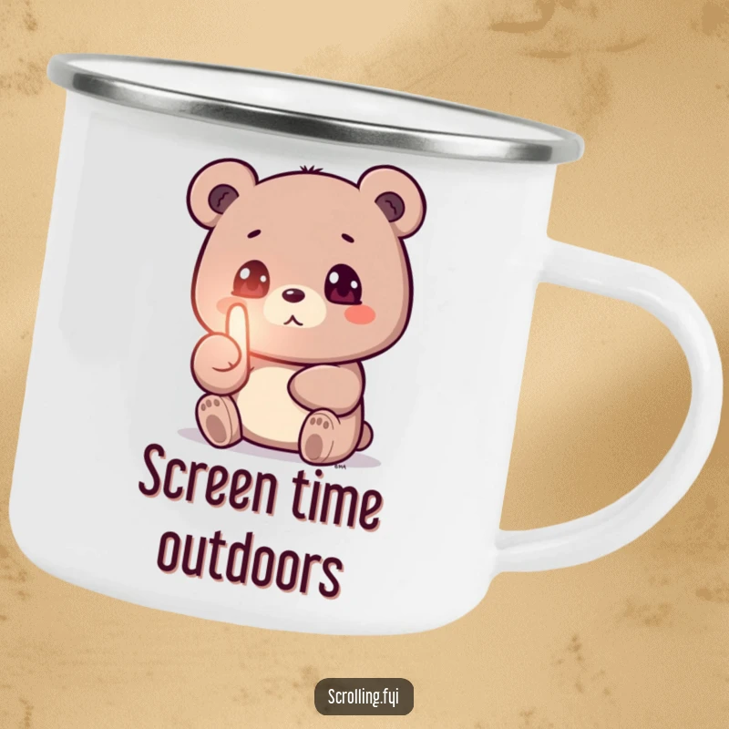 Funny camping mug with a small bear engrossed in a glowing phone screen, thumb swiping, perfect for outdoor tech lovers.