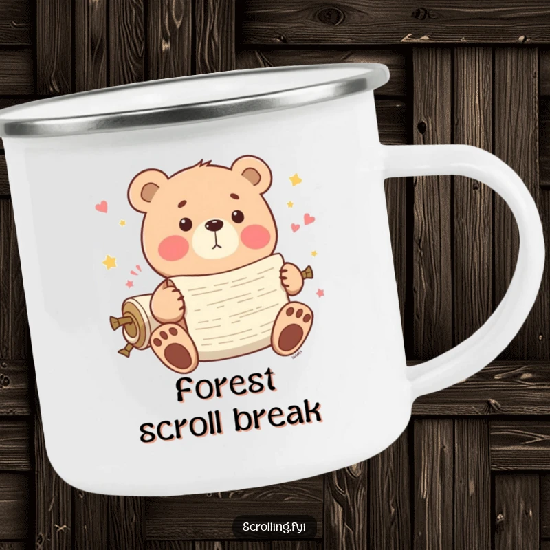 Funny Bear Camping Mug: A playful bear scrolls through endless content, ideal for enjoying drinks outdoors.