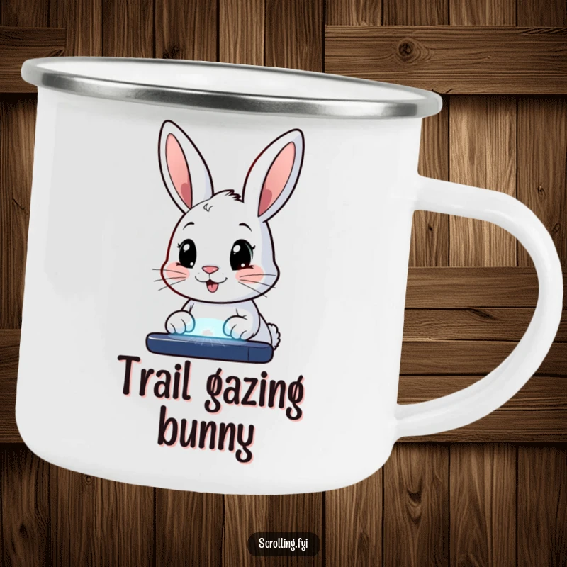 Funny camping mug featuring a happy bunny character with wide eyes, staring intently at a glowing screen, bringing digital humor to outdoor settings.