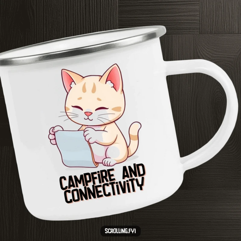 Funny cat camping mug, scrolling with paw outstretched, blending outdoor fun with feline tech habits.