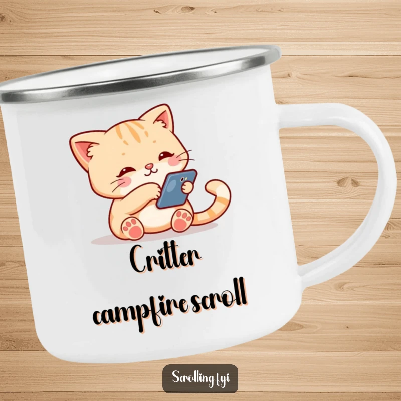 Funny camping mug featuring a cute cat character holding a smartphone and swiping down the screen, bringing tech humor to outdoor settings.