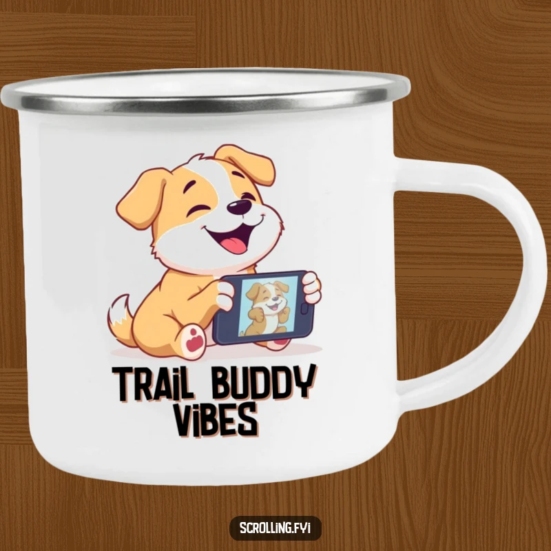 Funny dog camping mug showing a joyful dog captivated by a video on a mobile device in the outdoors.