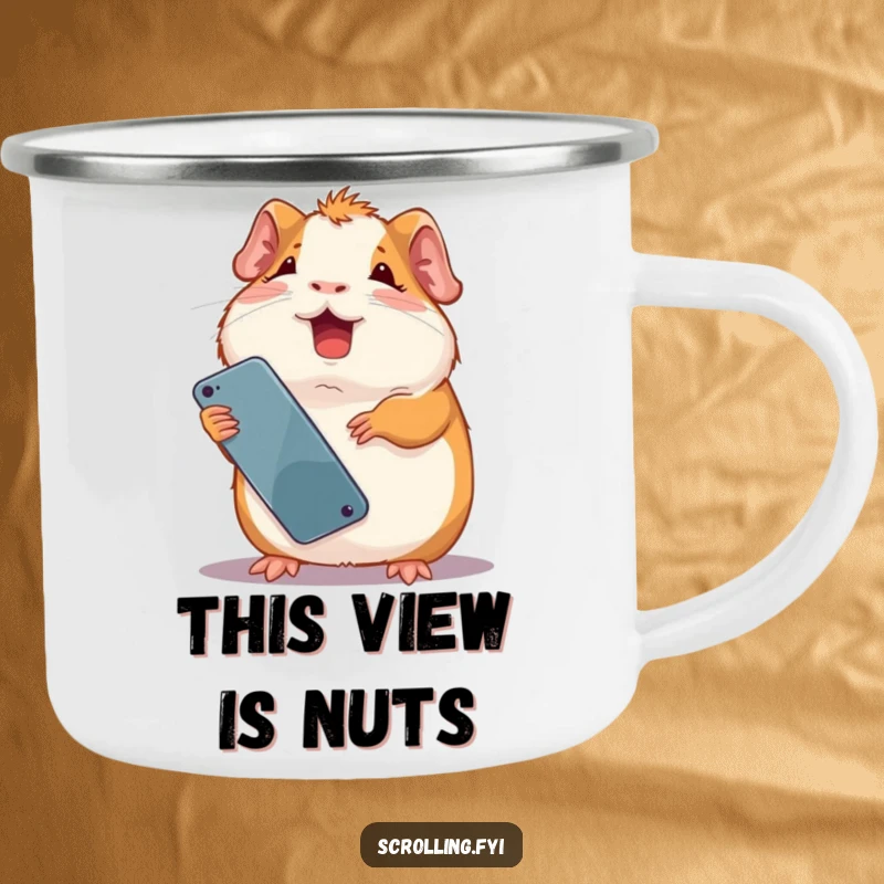 Funny giggling guinea pig holding a smartphone upside down, radiating amusement. Sturdy funny camping mug.