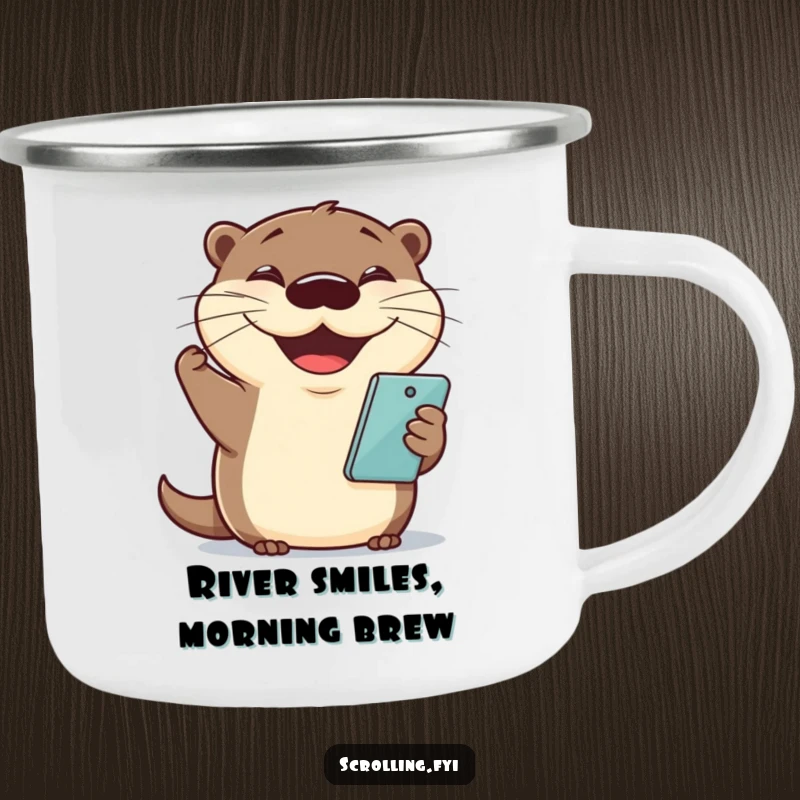 Funny otter camping mug showing a cheerful otter holding a phone with a grin, perfect for outdoor fun.
