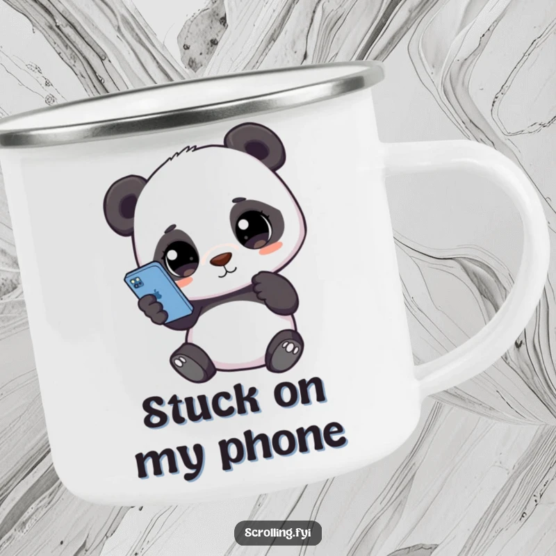 Funny camping mug with a cute panda holding a smartphone, eyes glued to the screen, bringing digital fun to outdoor adventures.
