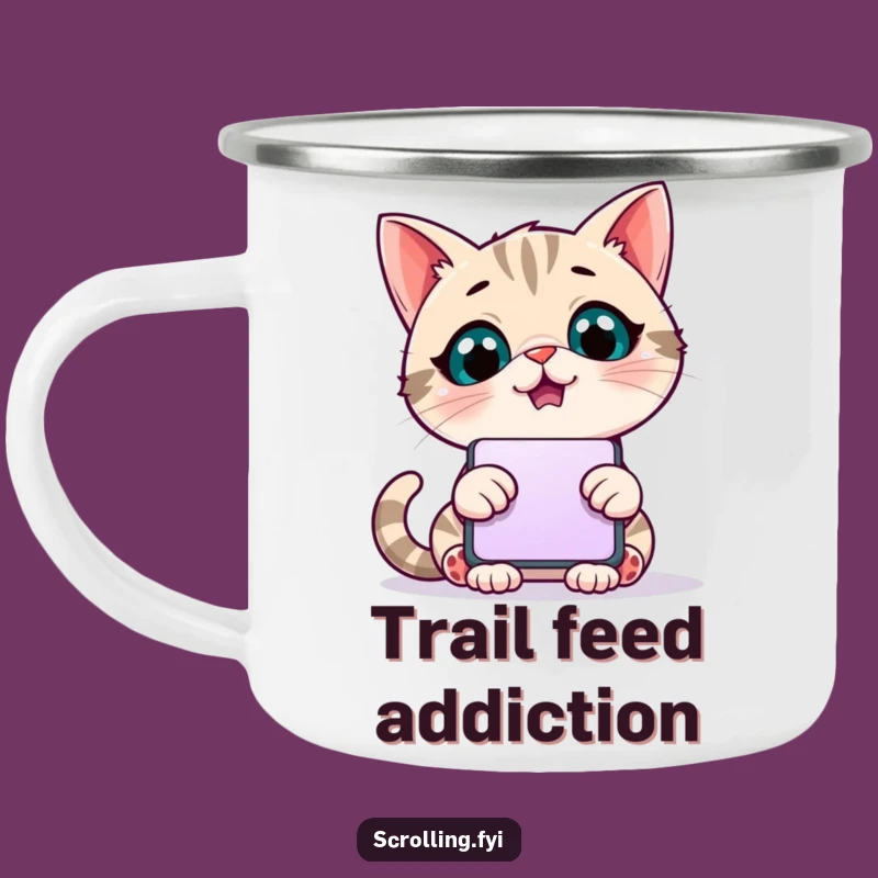 Funny Scrolling Cat Camping Mug: Stay Connected on the Go