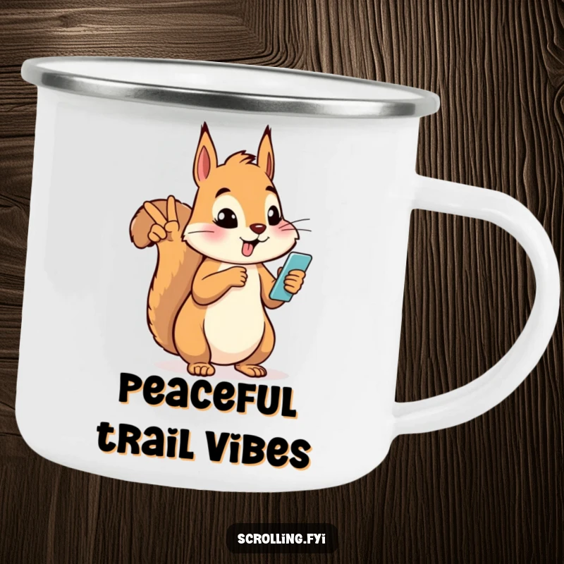 Funny silly squirrel giving a peace sign while looking at a phone on a sturdy camping mug.