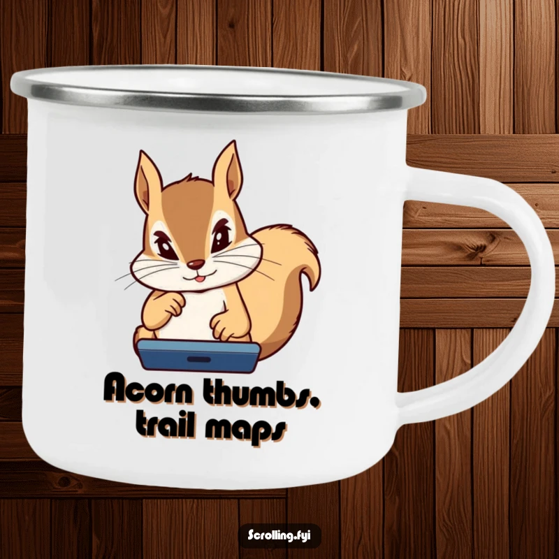 Funny Squirrel Camping Mug: Sturdy mug showing a determined squirrel intensely focused on a device, thumbs flying, ready for adventure.